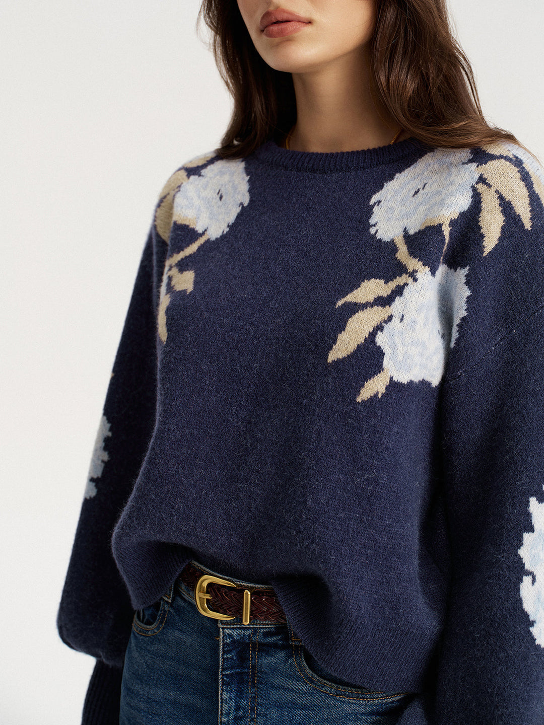 Floral Jacquard Balloon Sleeve Knit Top