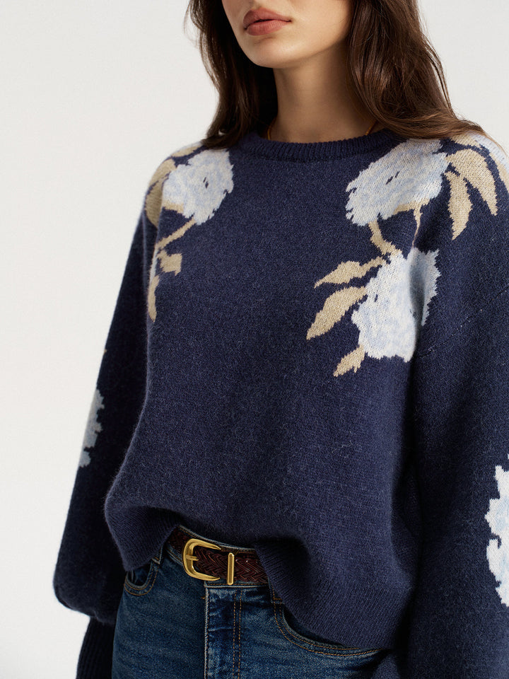 Floral Jacquard Balloon Sleeve Knit Top