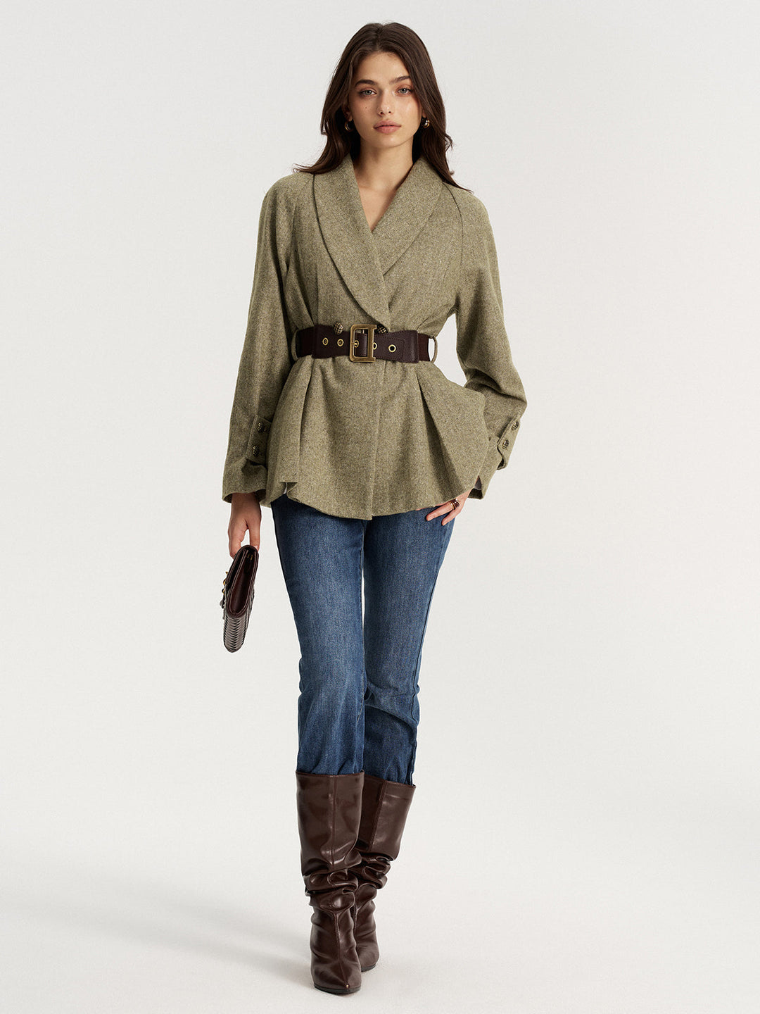 Shawl Collar Wool-Blend Belted Blazer