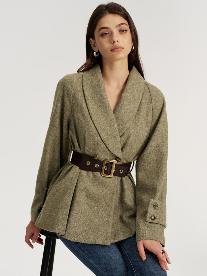 Shawl Collar Wool-Blend Belted Blazer