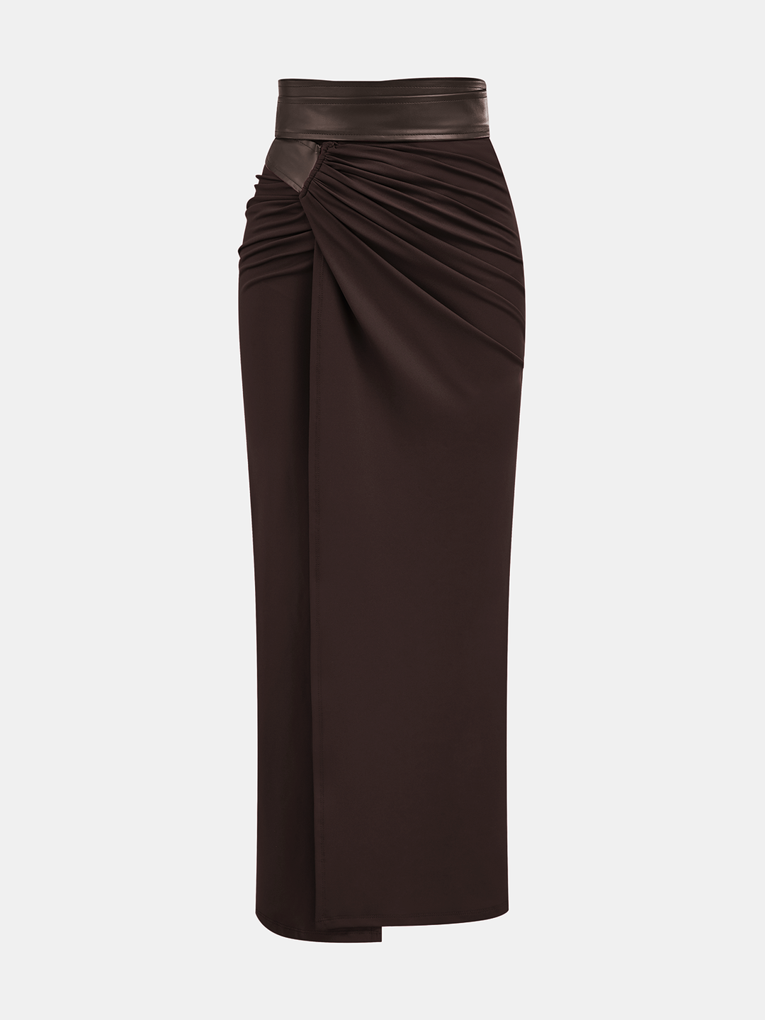 Faux Leather Panel Ruched Midi Skirt