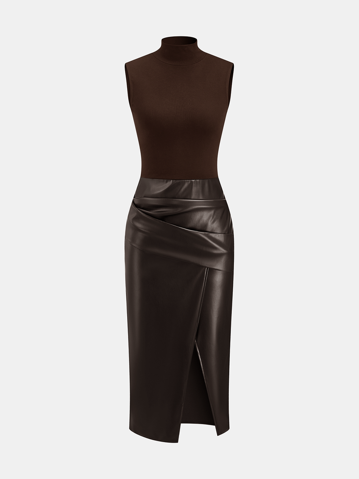 Faux Leather Panel Mock Neck Sleeveless Dress