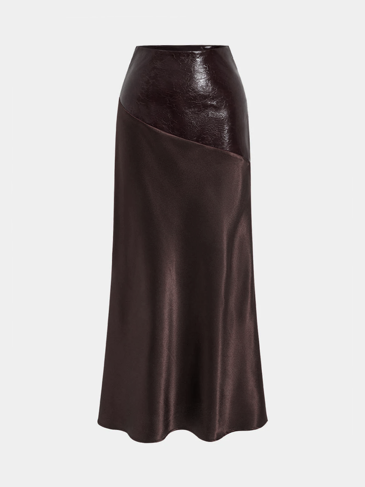 Faux Leather Panel Asymmetric Satin Maxi Skirt