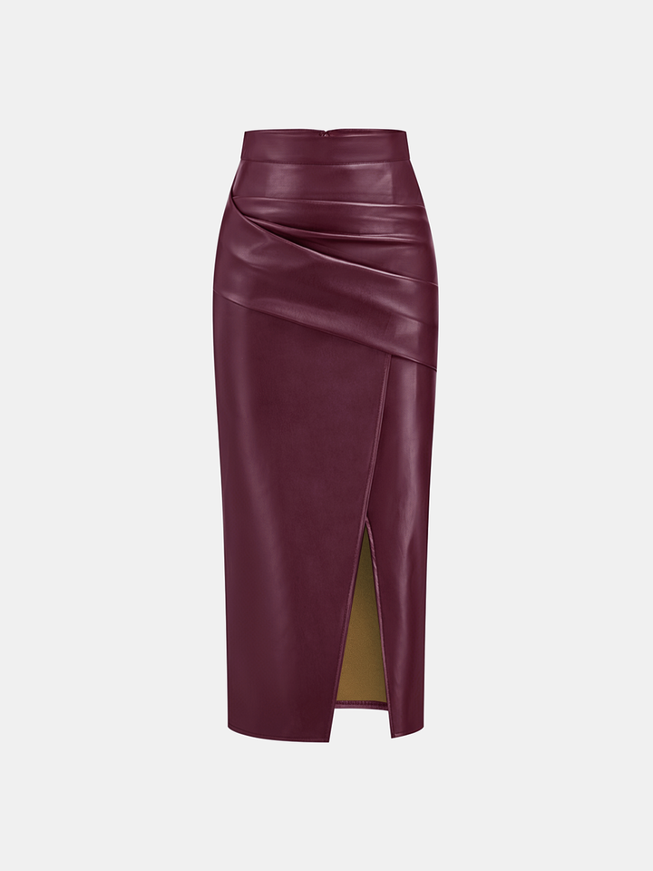 Ruched Slit PU Leather Midi Skirt