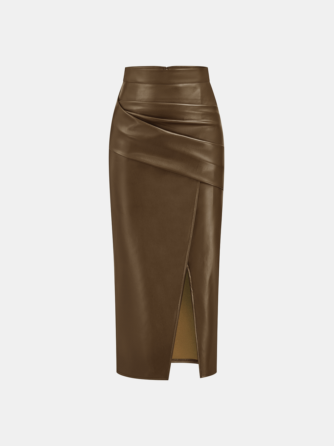 Ruched Slit PU Leather Midi Skirt