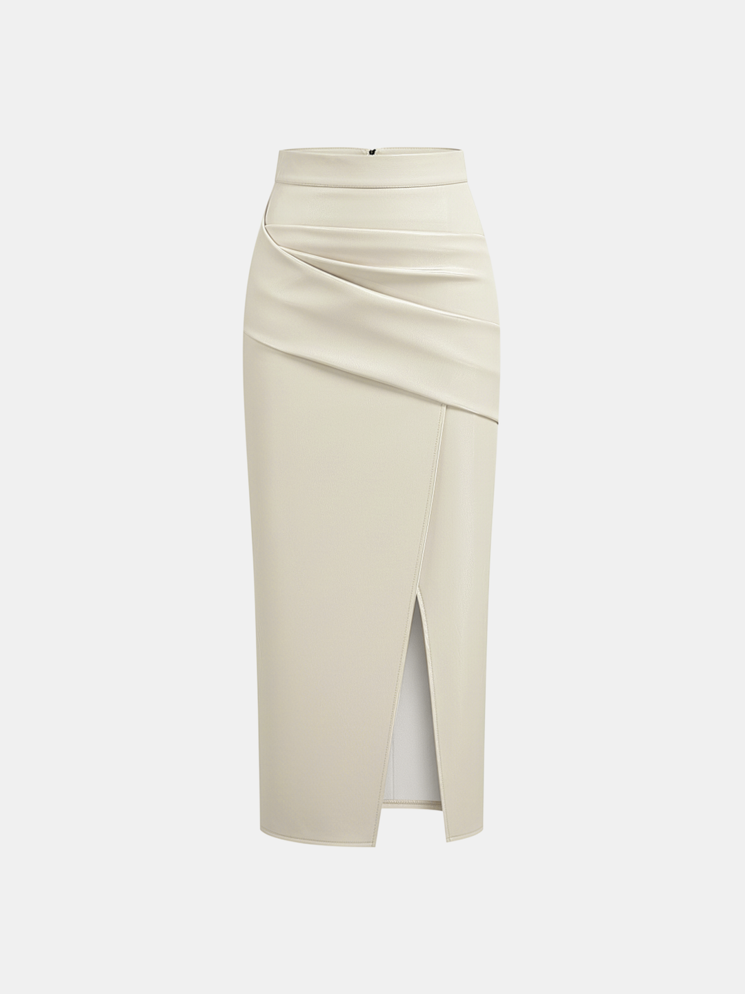 Ruched Slit PU Leather Midi Skirt