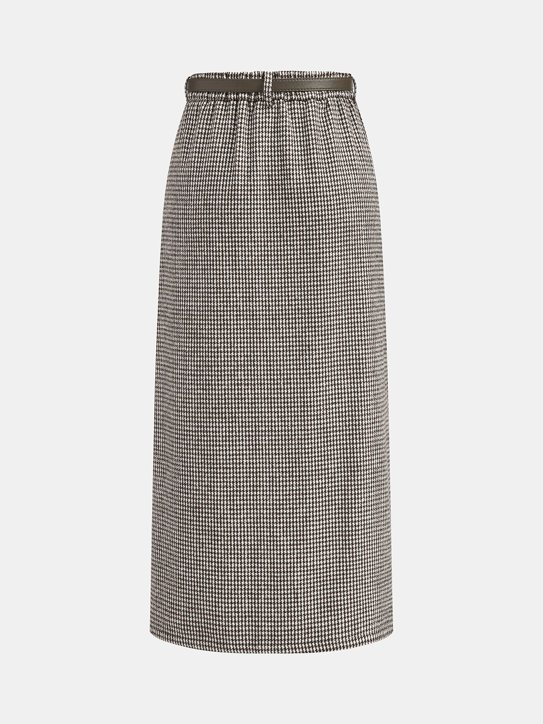 Houndstooth Tweed Belted Midi Skirt