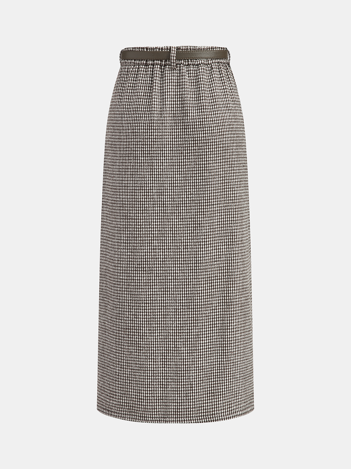 Houndstooth Tweed Belted Midi Skirt