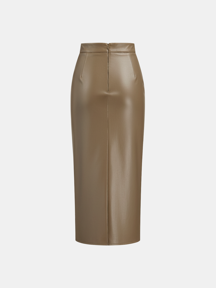 Ruched Slit PU Leather Midi Skirt