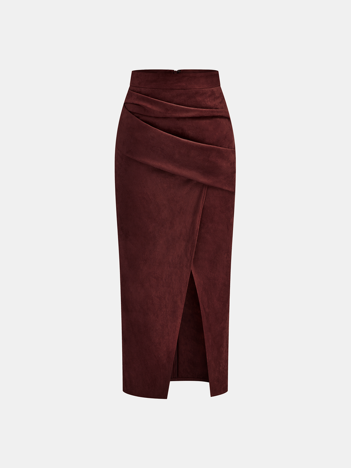 Draped Slit Suede Effect Midi Skirt