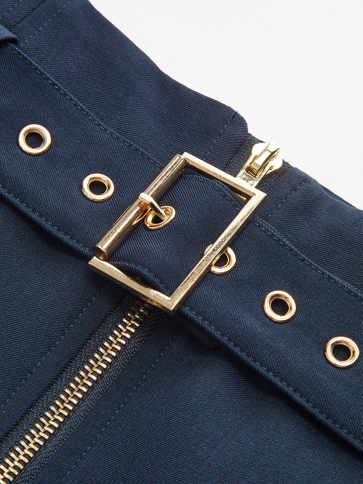 Belted Zip-Front Split Midi Skirt