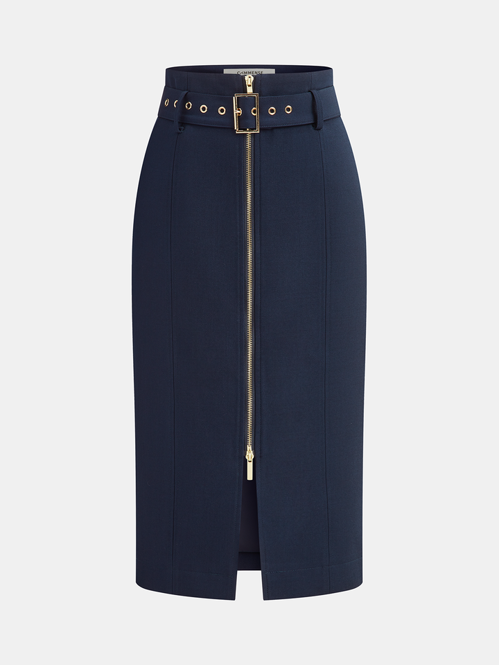 Belted Zip-Front Split Midi Skirt