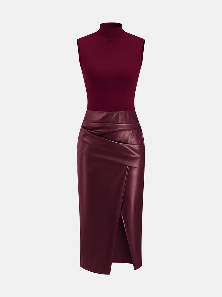 Faux Leather Panel Mock Neck Sleeveless Dress