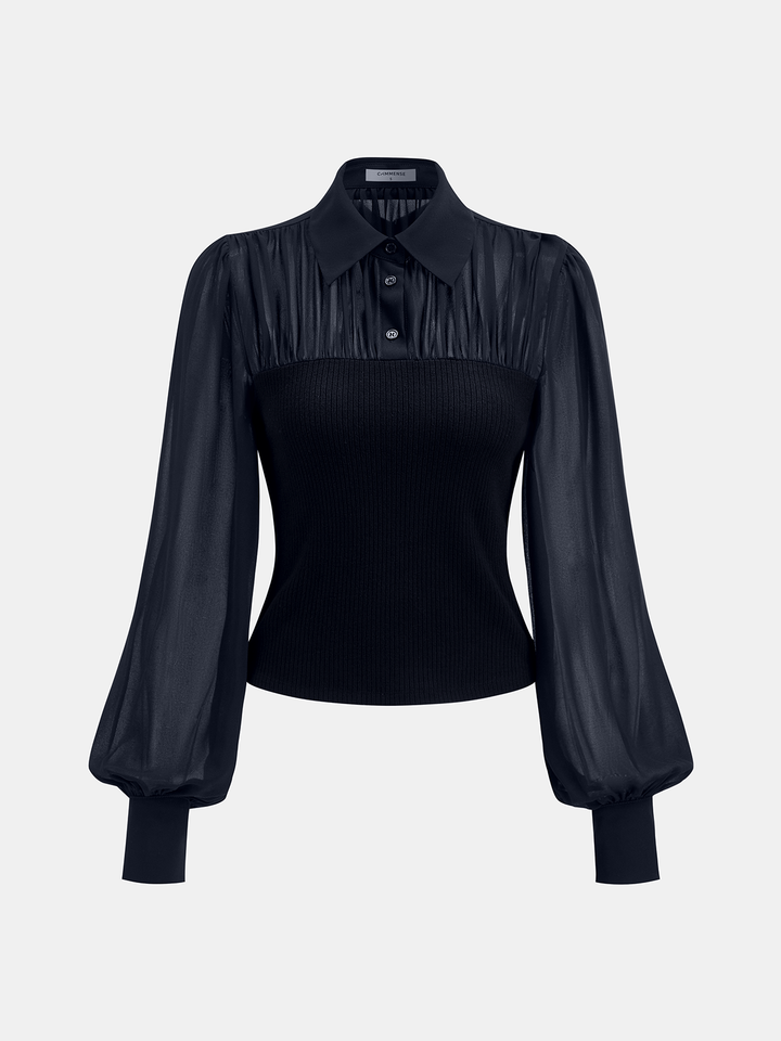 Ribbed Panel Semi-Sheer Long-Sleeve Shirt