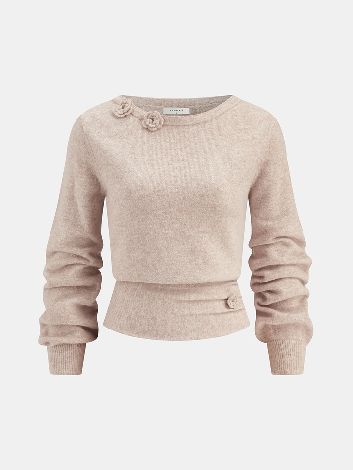 3D Floral Embellished Cinched-Waist Knit Top