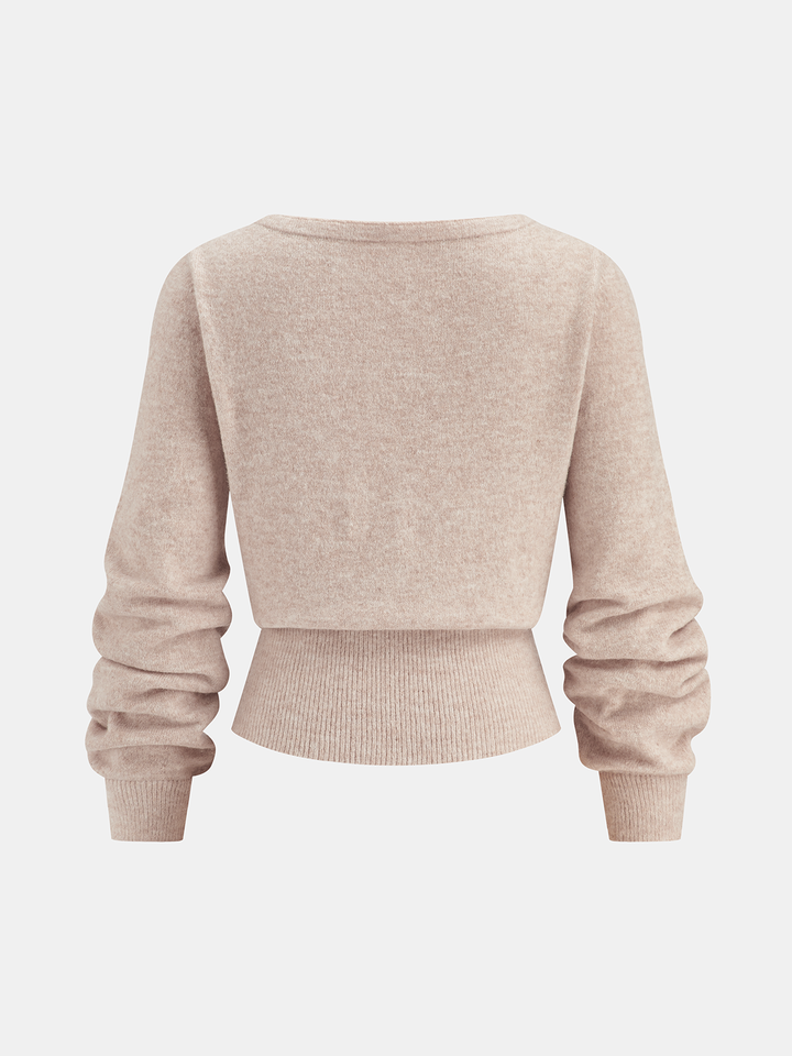 3D Floral Embellished Cinched-Waist Knit Top