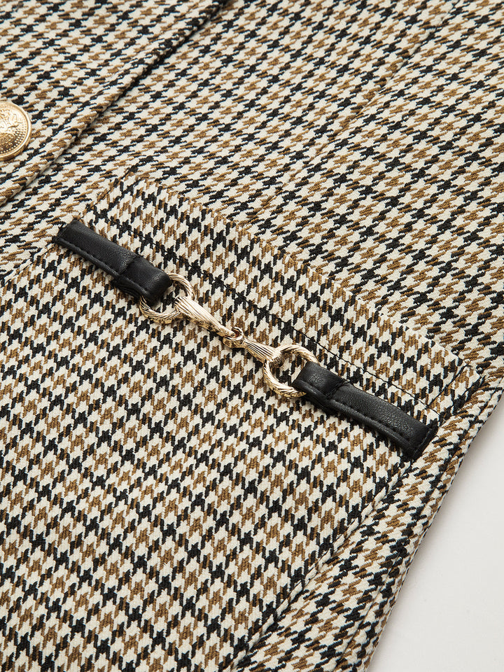 Faux Leather Collar Houndstooth Blazer
