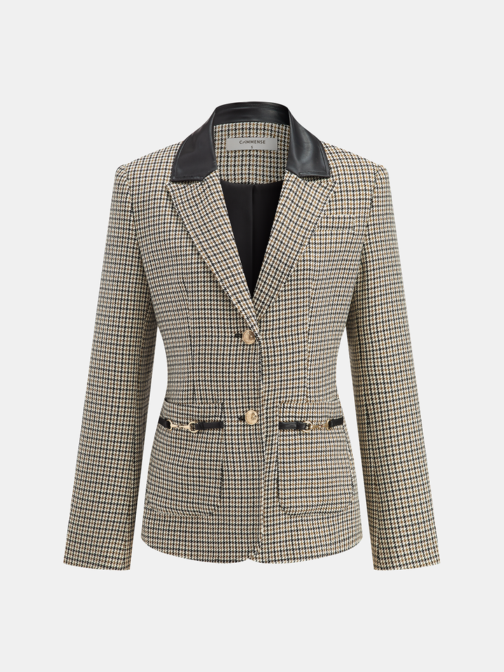 Faux Leather Collar Houndstooth Blazer