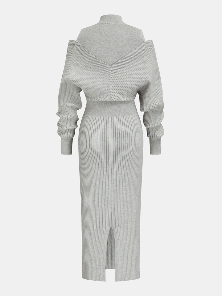 Off-Shoulder Waist-Defined Rib-Knit Midi Dress