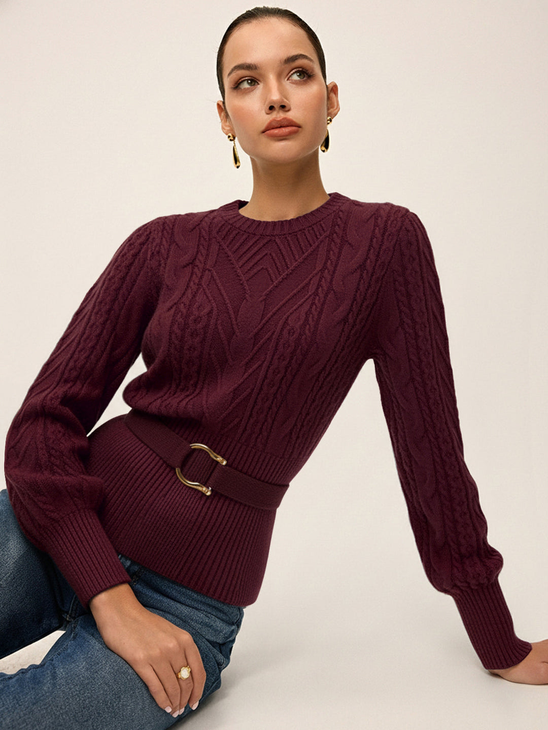 Cinched Waist Belted Cable Knit Top