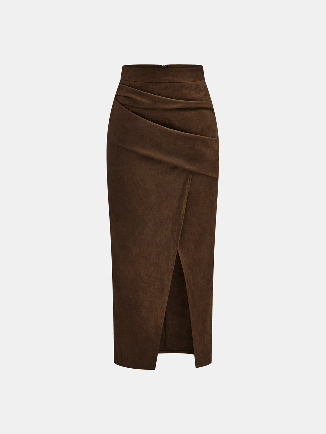 Draped Slit Suede Effect Midi Skirt