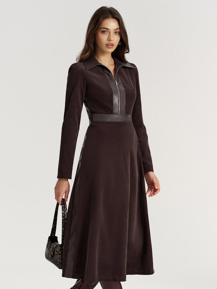 Faux Leather Panel Corduroy Midi Dress