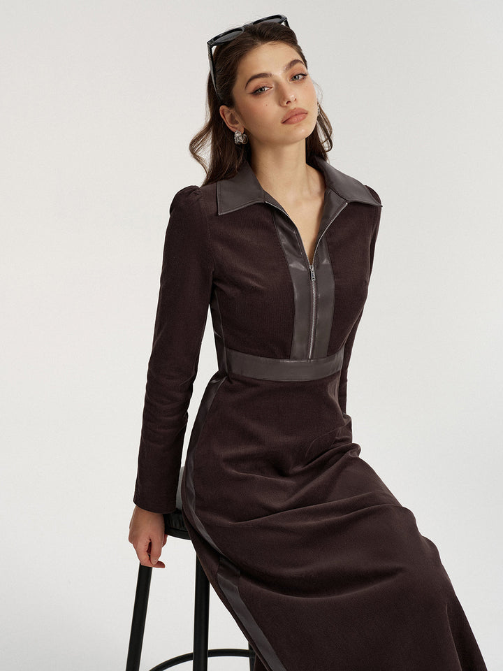 Faux Leather Panel Corduroy Midi Dress