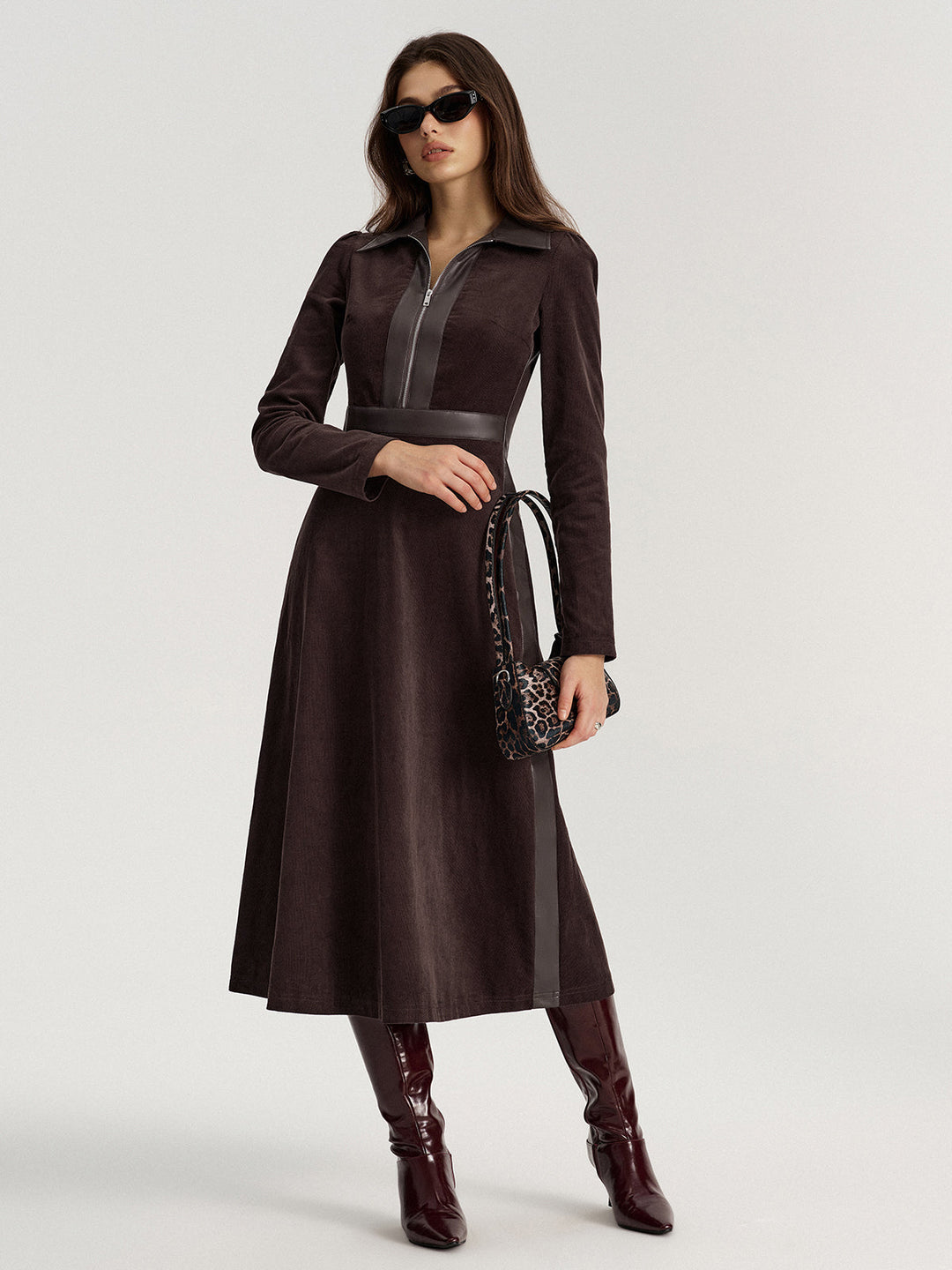 Faux Leather Panel Corduroy Midi Dress