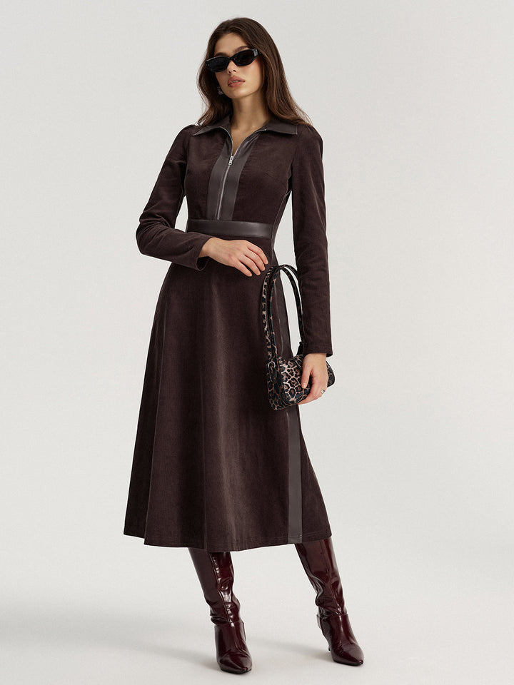 Faux Leather Panel Corduroy Midi Dress