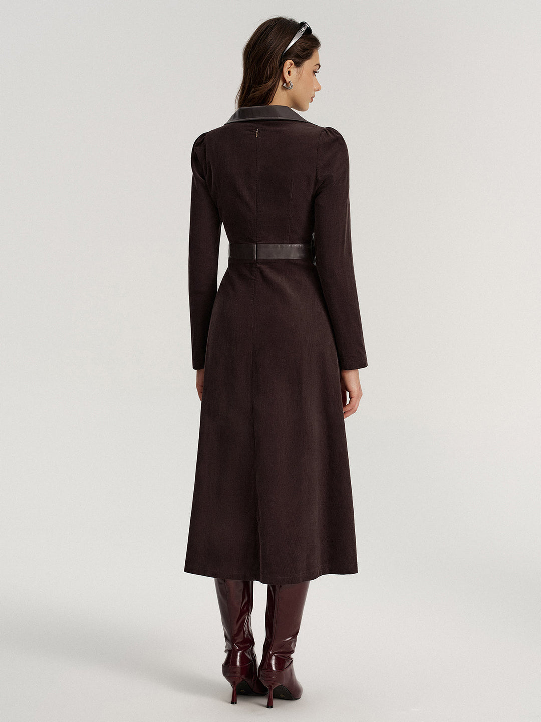 Faux Leather Panel Corduroy Midi Dress