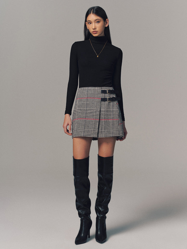 Double Belt Accent Houndstooth Mini Skirt