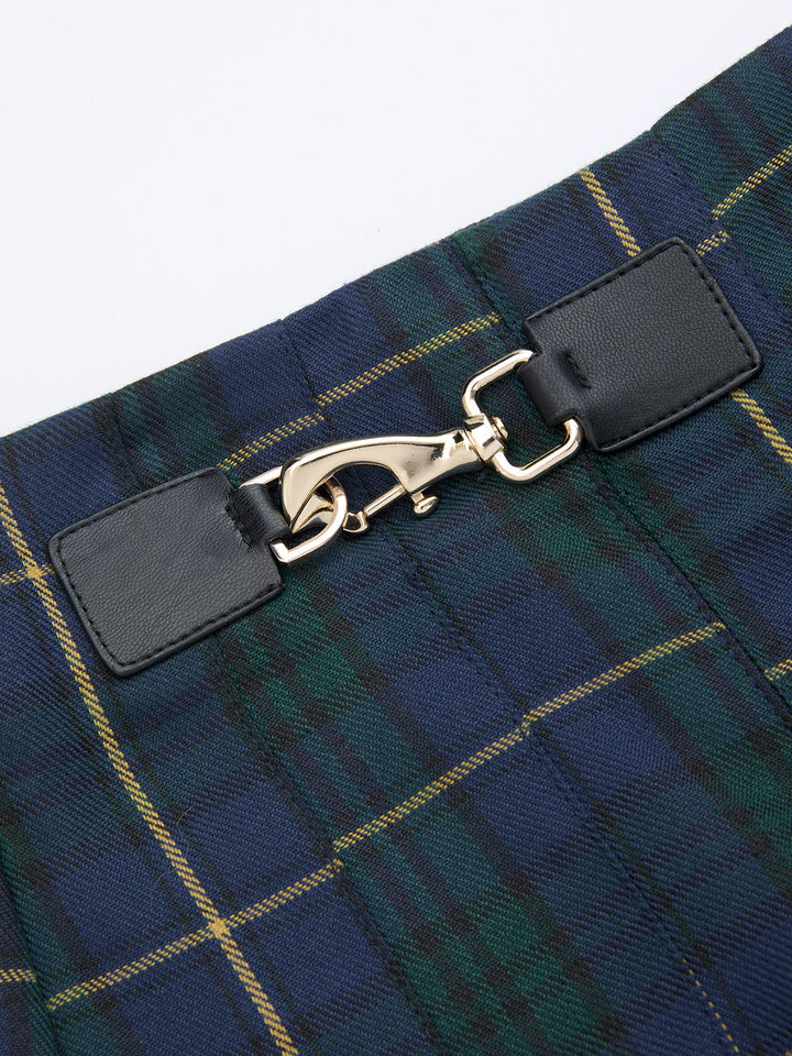 Pleated Plaid Buckle Maxi Skirt