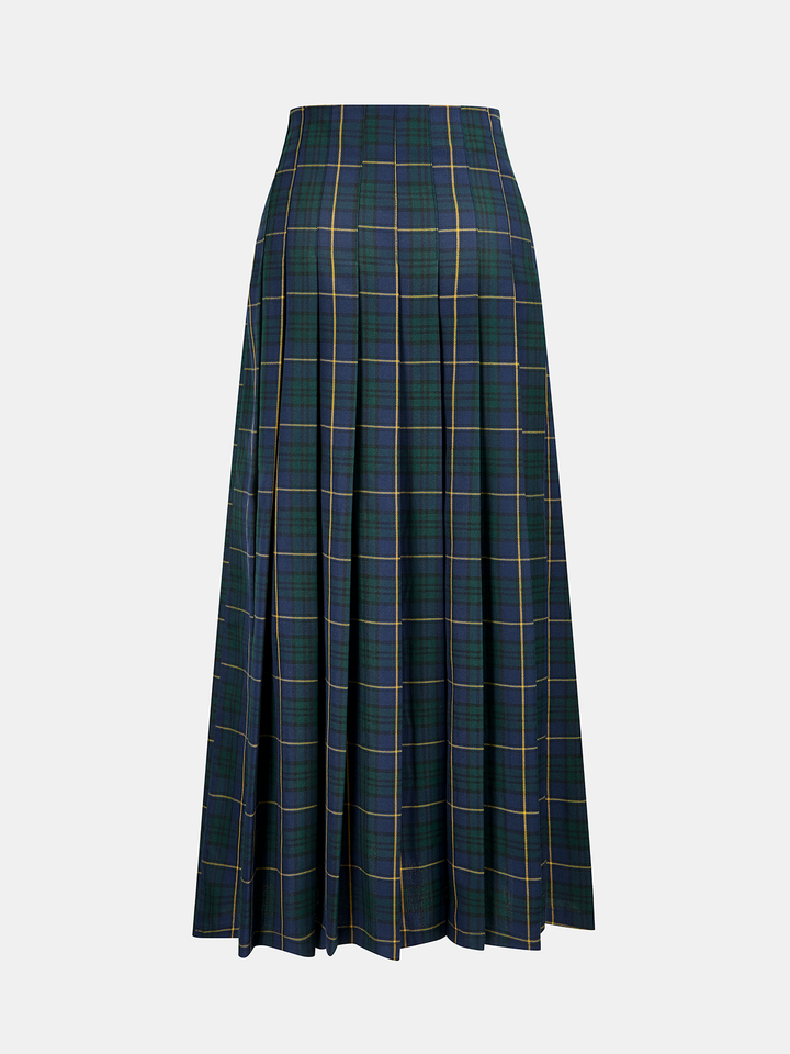 Pleated Plaid Buckle Maxi Skirt