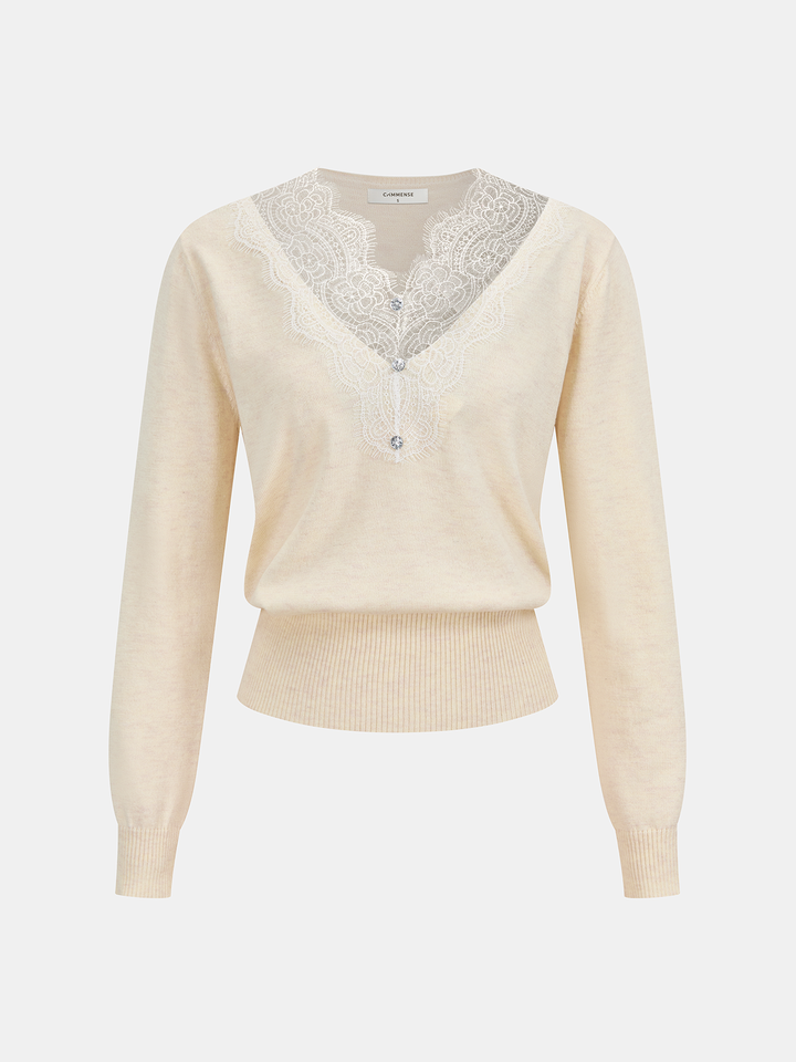 Lace Panel Rhinestone Wool Blend Sweater