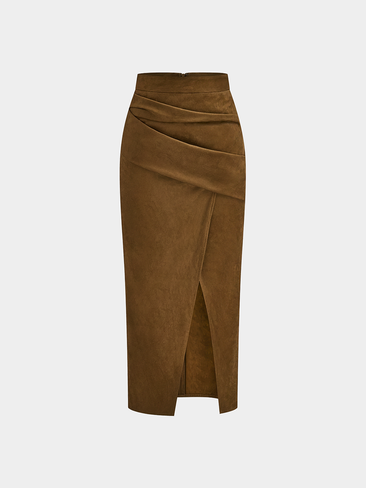Draped Slit Suede Effect Midi Skirt