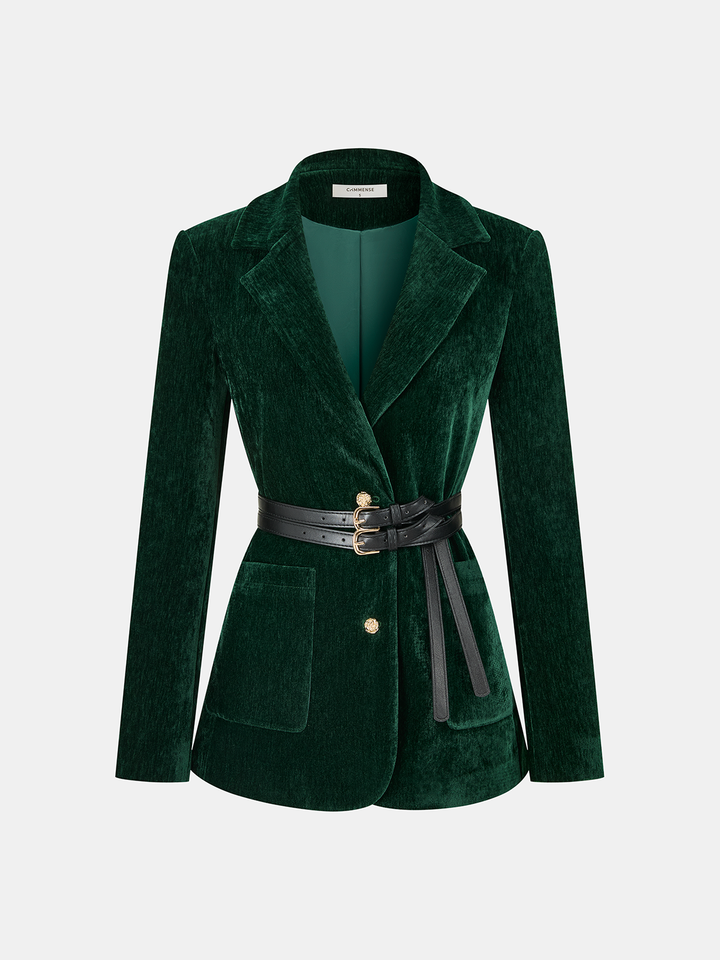 Velvet Belted Metal Button Blazer