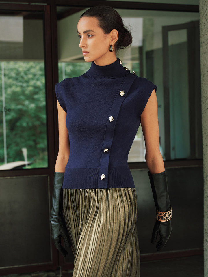 Metal Detail Turtleneck Sleeveless Knit Vest