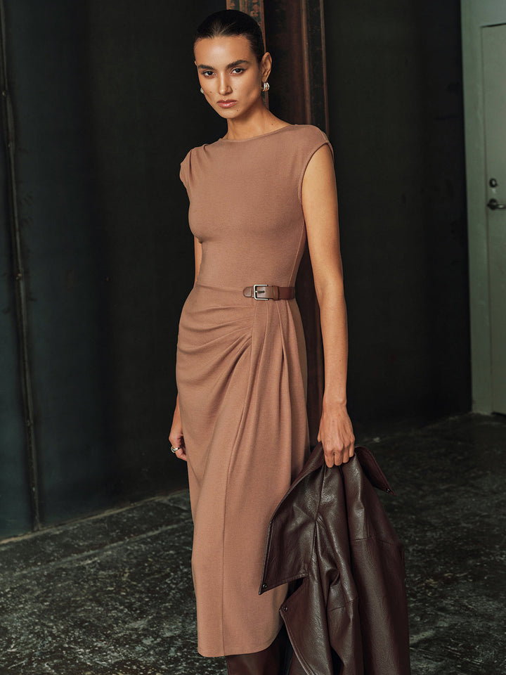 Sleeveless Buckle Detail Ruched Midi Dress