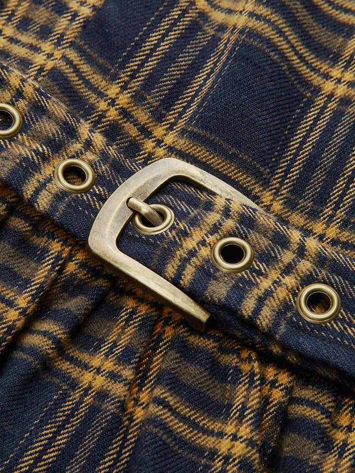 Plaid Smocked Bodice Belted Midi Dress