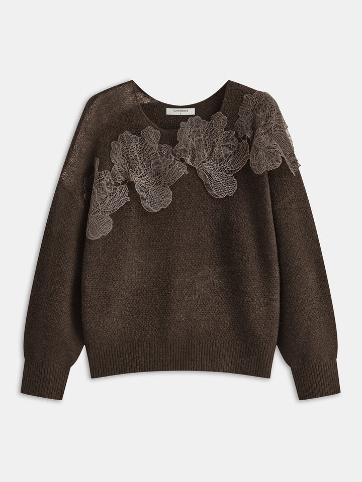 Floral lace Sweater Semi Sheer Round Neck Sweater
