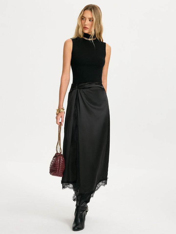 Sleeveless Top & Lace-Trim Satin Skirt Set