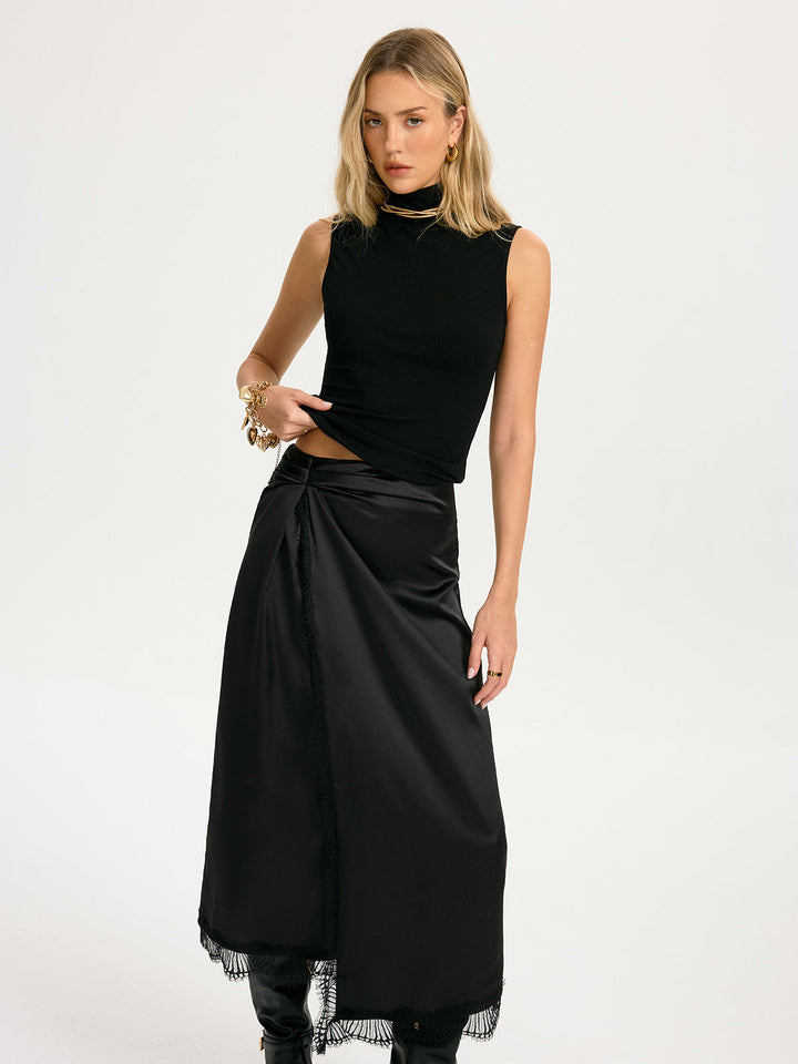 Sleeveless Top & Lace-Trim Satin Skirt Set