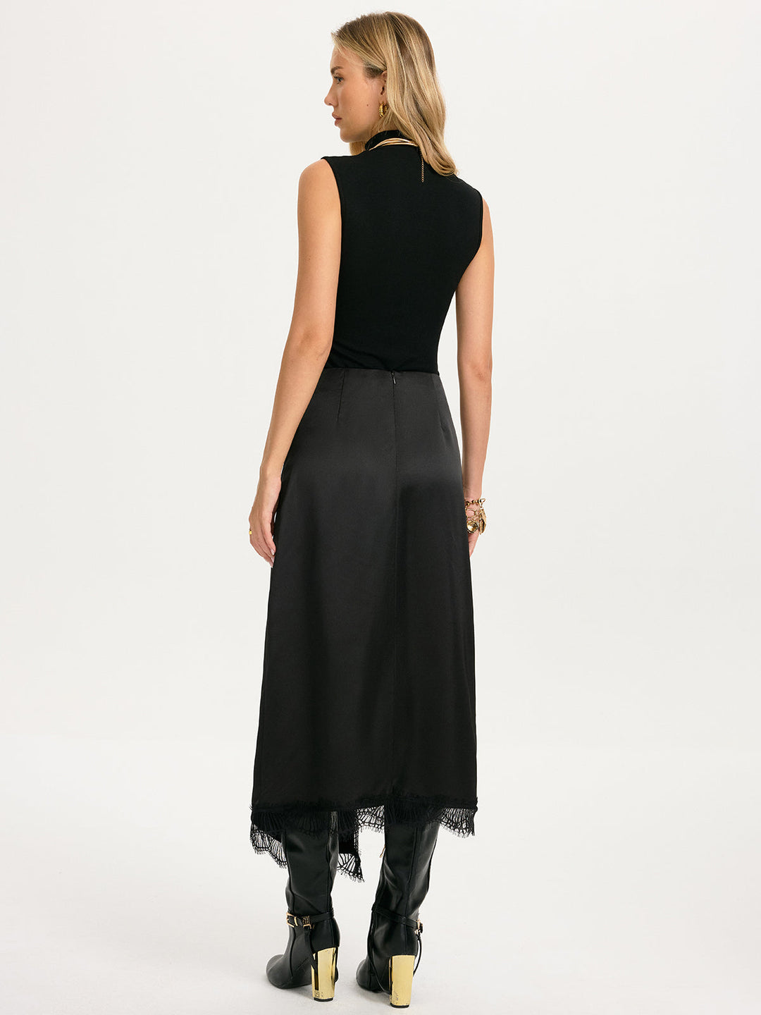 Sleeveless Top & Lace-Trim Satin Skirt Set