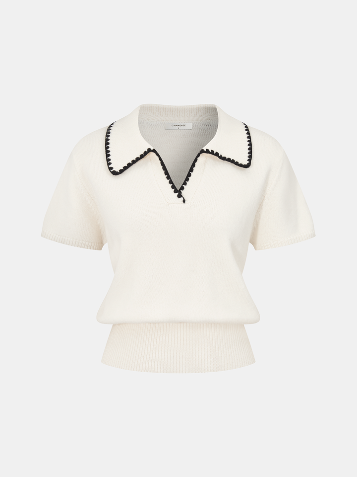 Contrast Trim Wool-Blend Short-Sleeve Knit Top