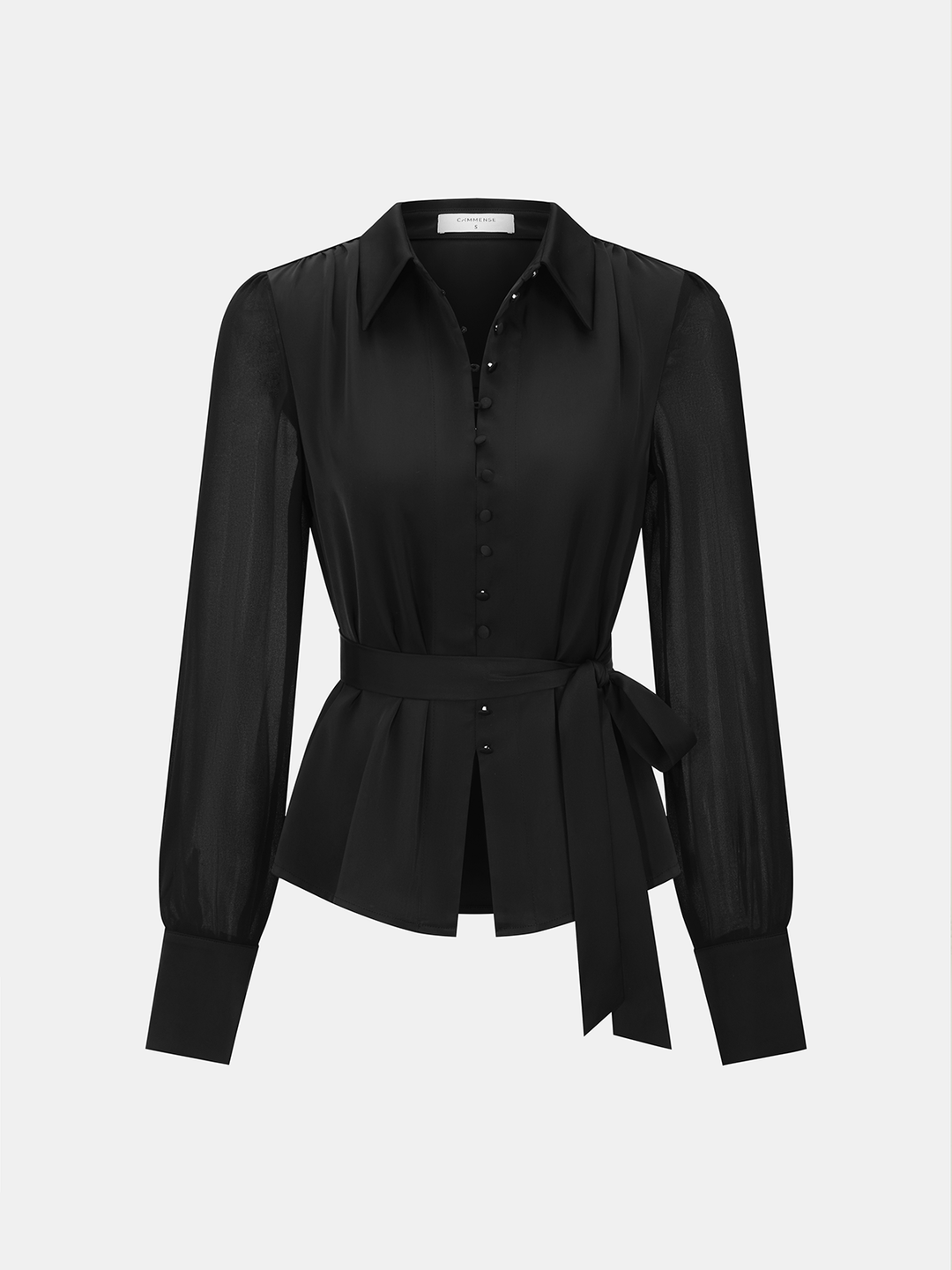 Sheer Long Sleeve Tie-Waist Satin Shirt