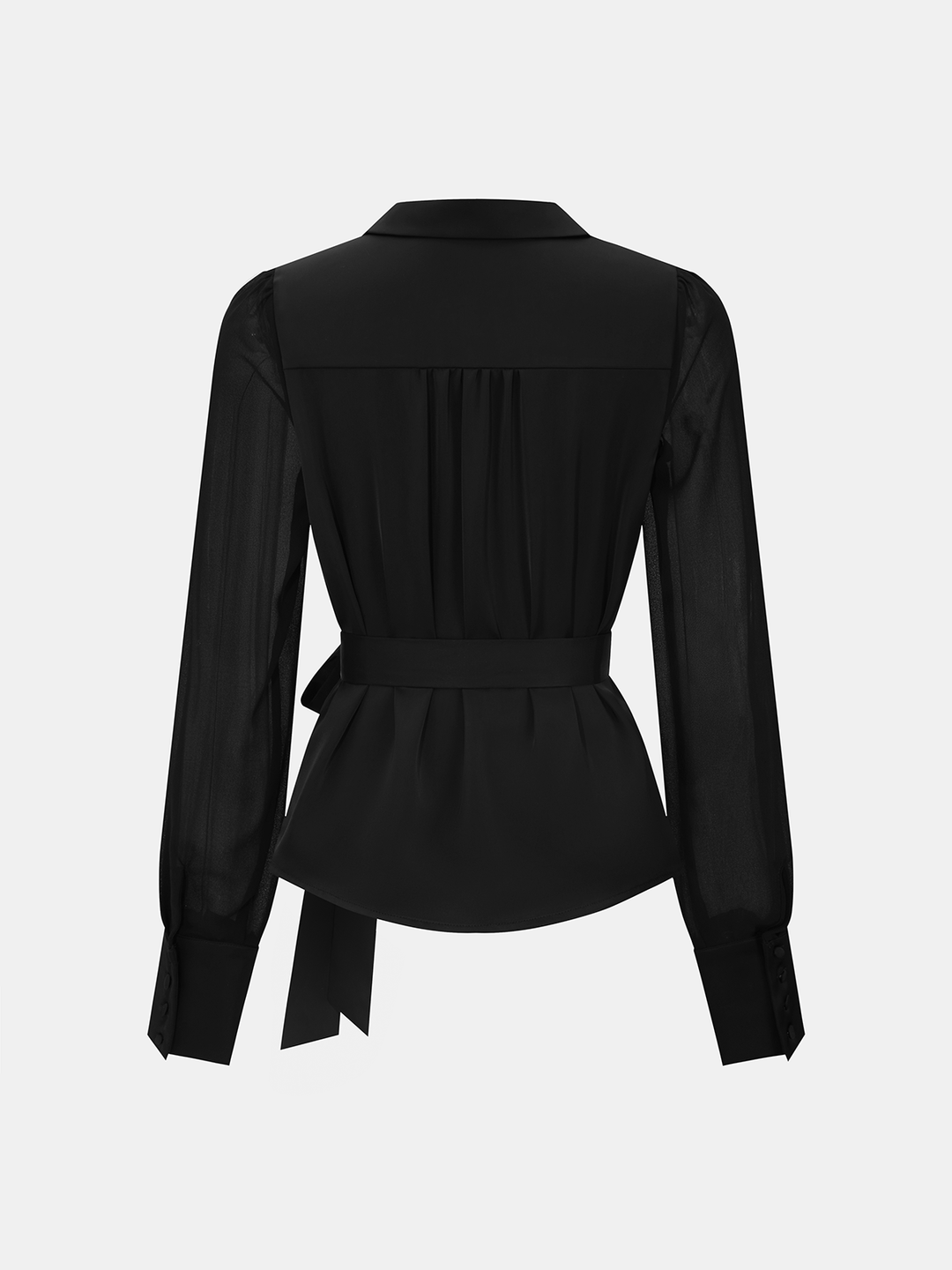 Sheer Long Sleeve Tie-Waist Satin Shirt