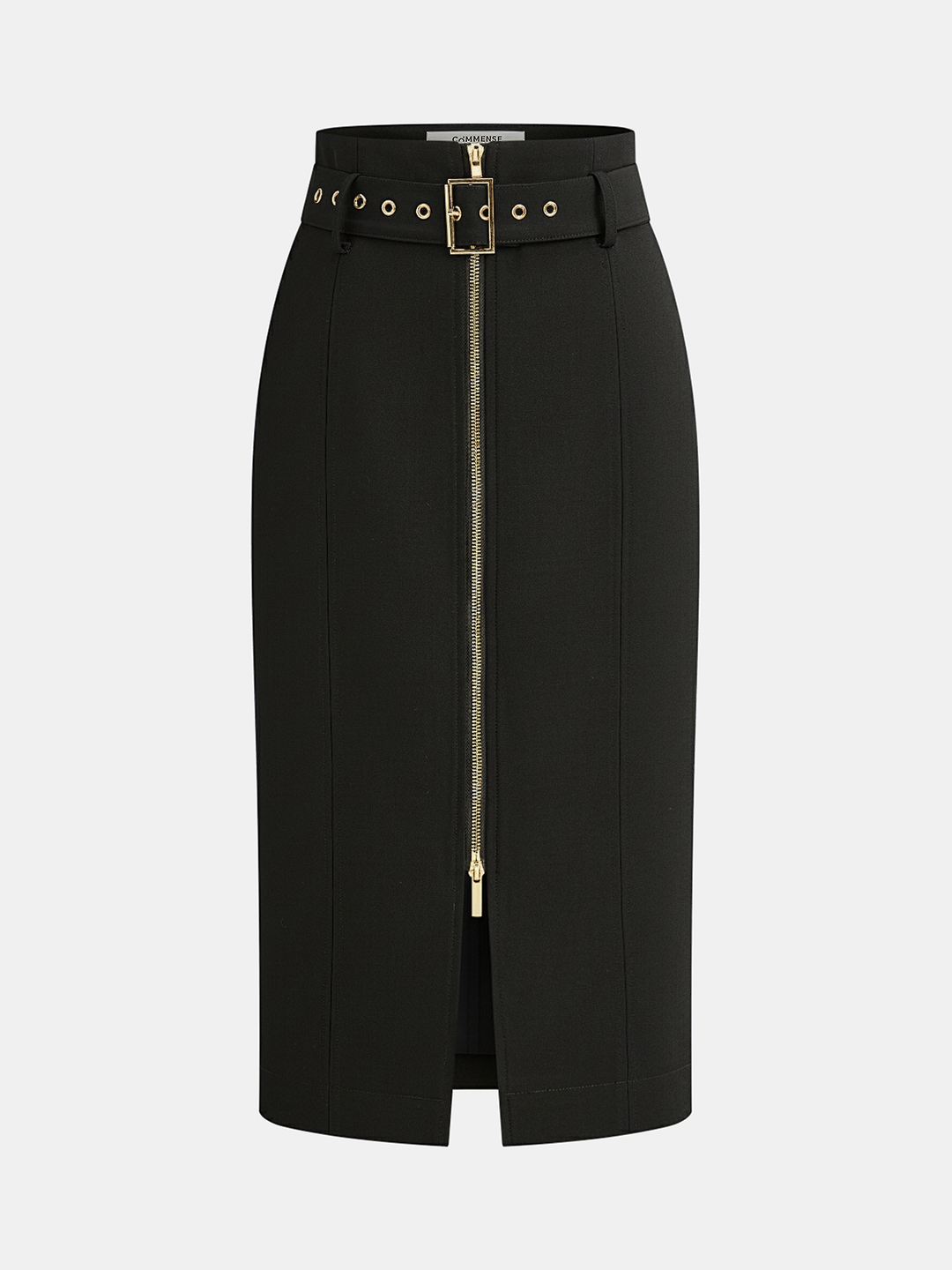 Belted Zip-Front Split Midi Skirt