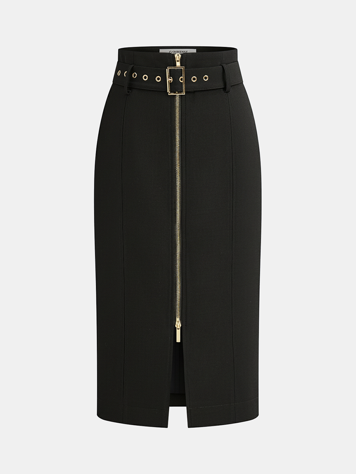 Belted Zip-Front Split Midi Skirt