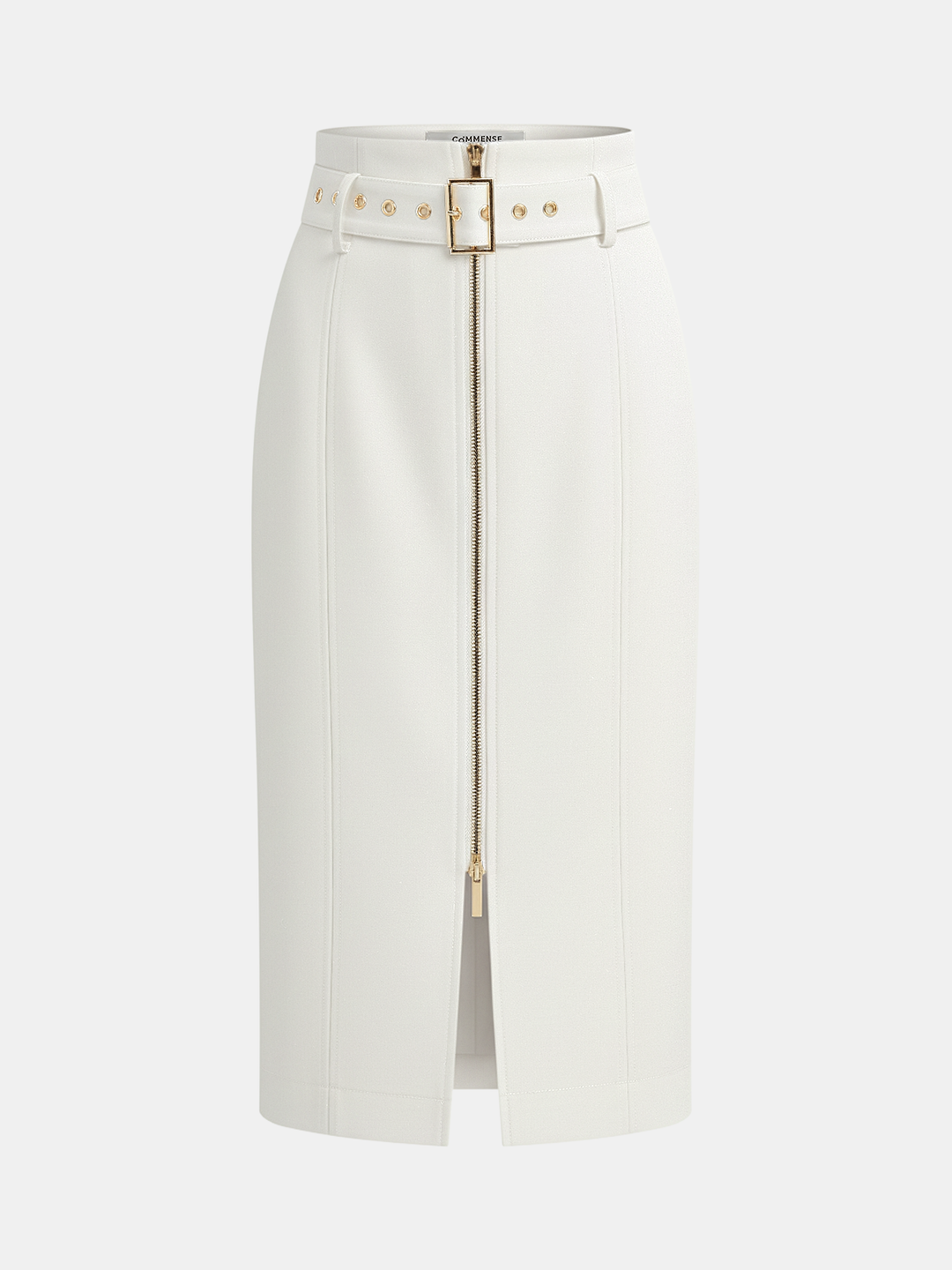 Belted Zip-Front Split Midi Skirt