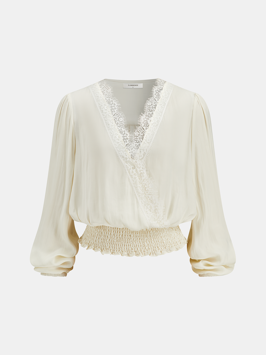 Lace Trim Smocked Waist Long Sleeve Blouse